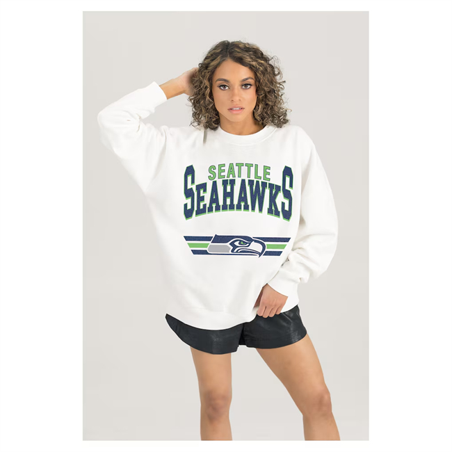 Women's Seattle Seahawks Gameday Couture White Sunday Drives Oversized Crewneck Pullover Sweatshirt(Run Small)